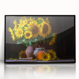 Framed botanical wall art showcasing a vibrant sunflower design with a sleek black frame, ideal for home decor or office enhancement, adding a touch of nature.
