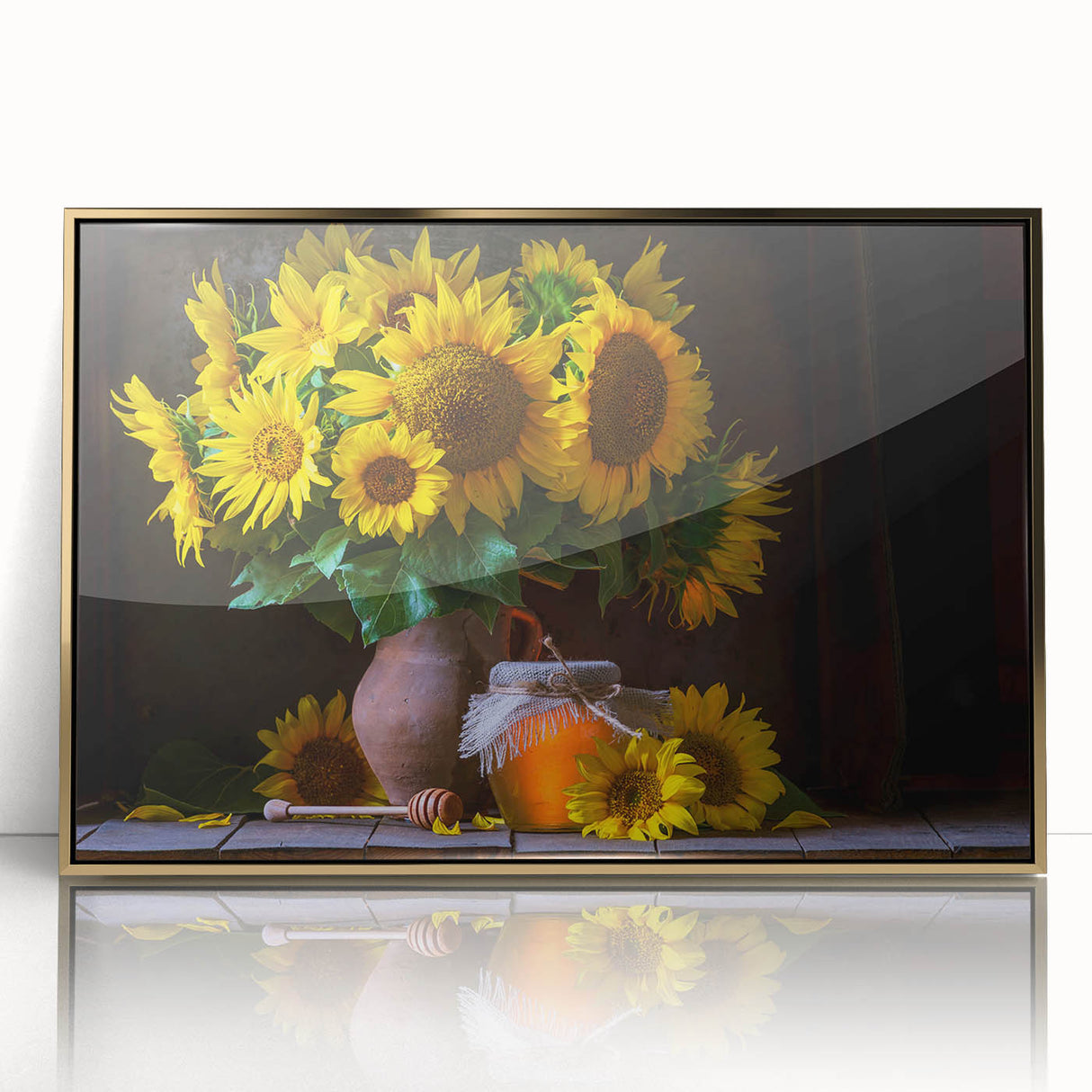 Framed wall art featuring a botanical sunflower design with vibrant yellow petals, set in an elegant gold frame; perfect for brightening any room decor.