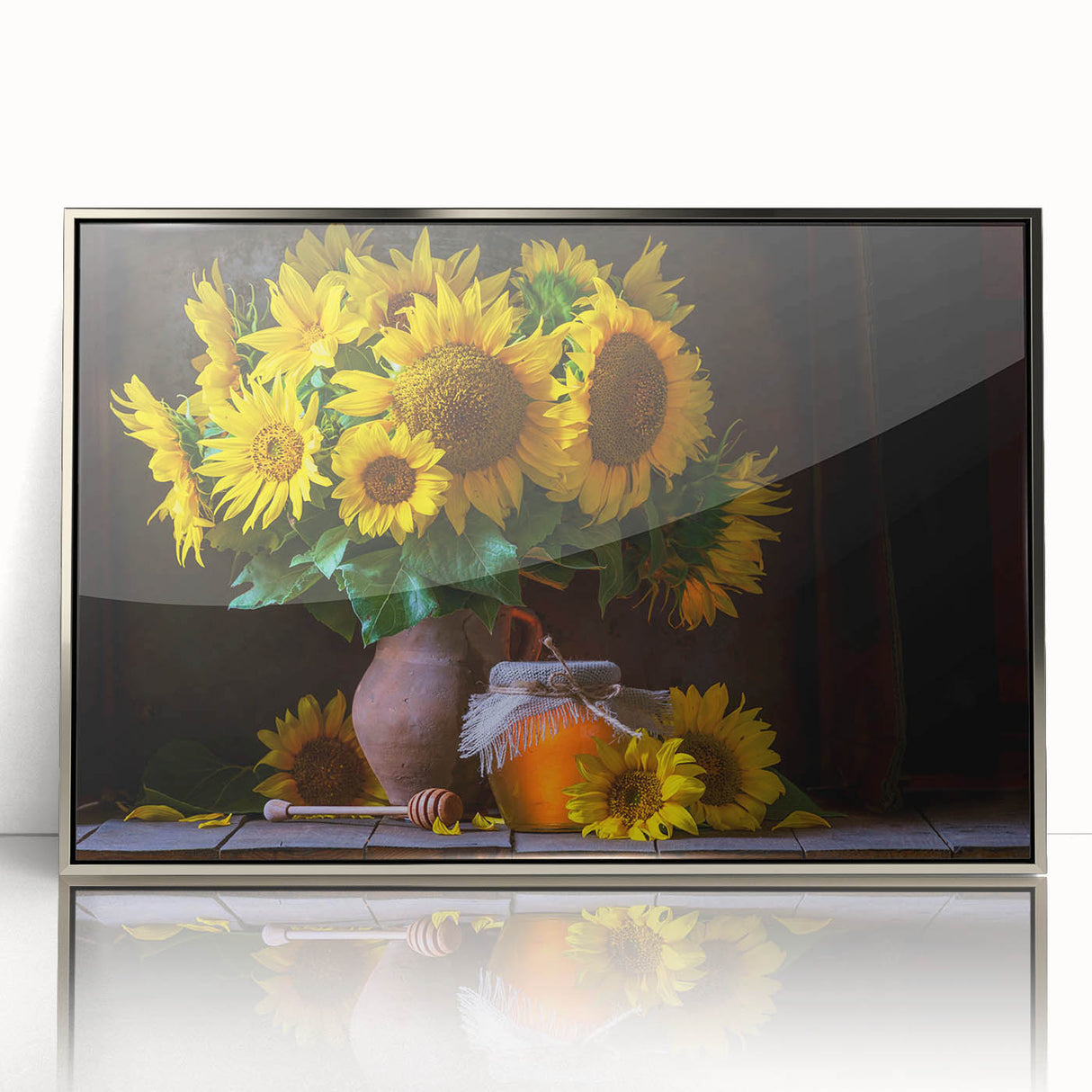 Framed acrylic wall art showcasing a vibrant botanical sunflower design with silver accents, ideal for brightening up home decor or office spaces.