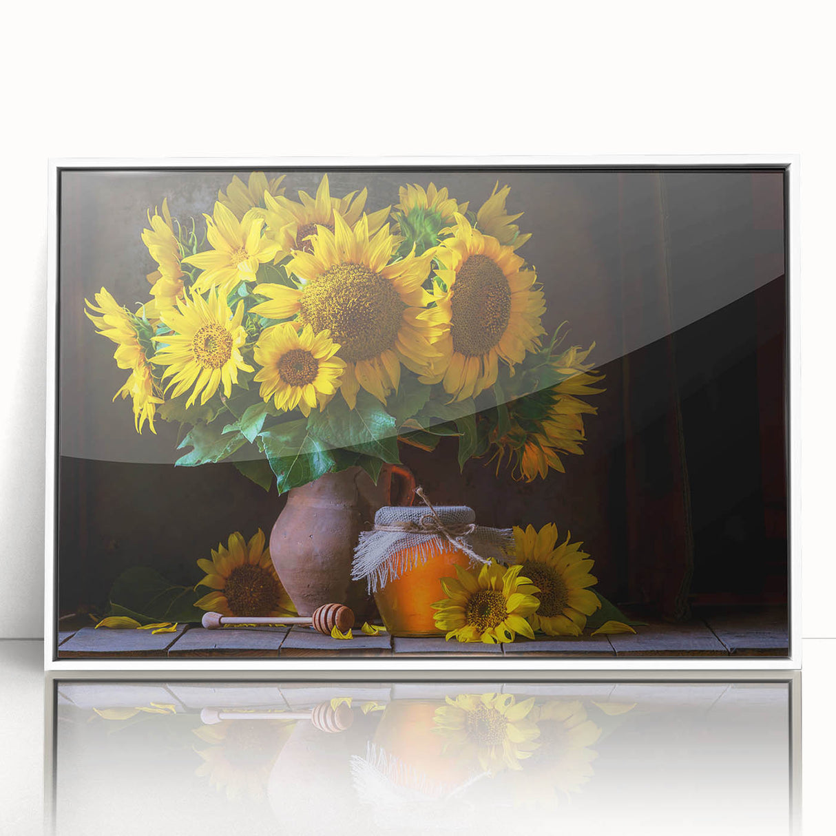 Framed acrylic wall art featuring a vibrant botanical sunflower design, showcasing rich yellow petals and intricate details, perfect for home decor.