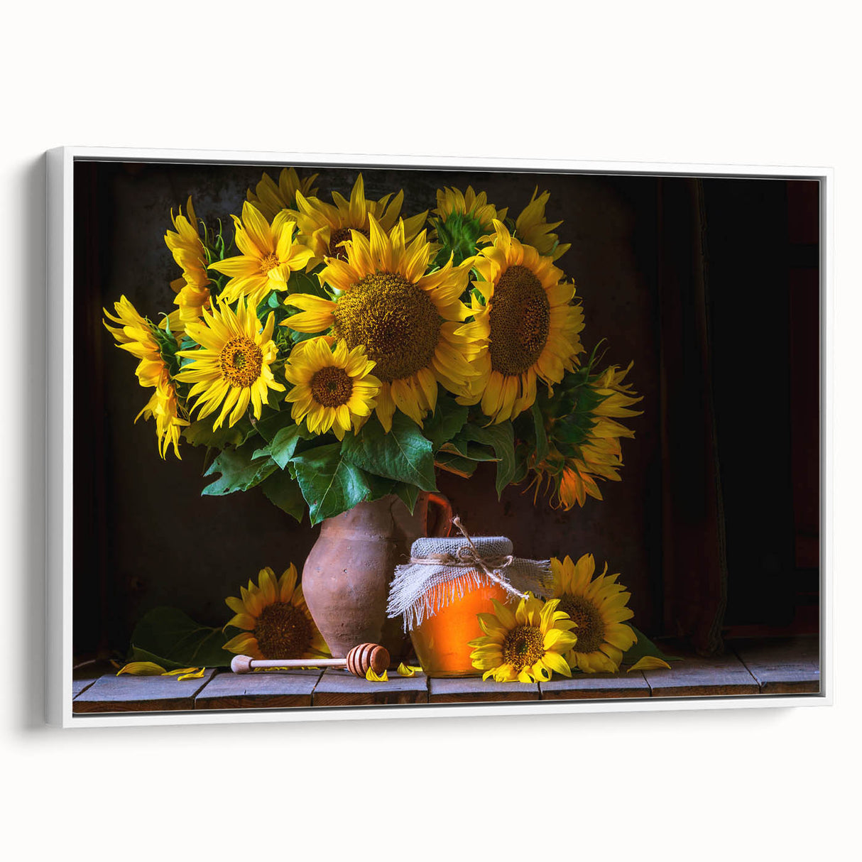 Framed canvas wall art showcasing a vibrant botanical sunflower design with a white frame, ideal for home decor and brightening up any space.