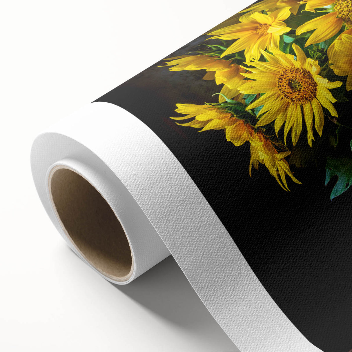 Vibrant botanical wall art featuring a detailed sunflower design on rolled canvas, showcasing rich yellow and green hues, perfect for brightening home decor.