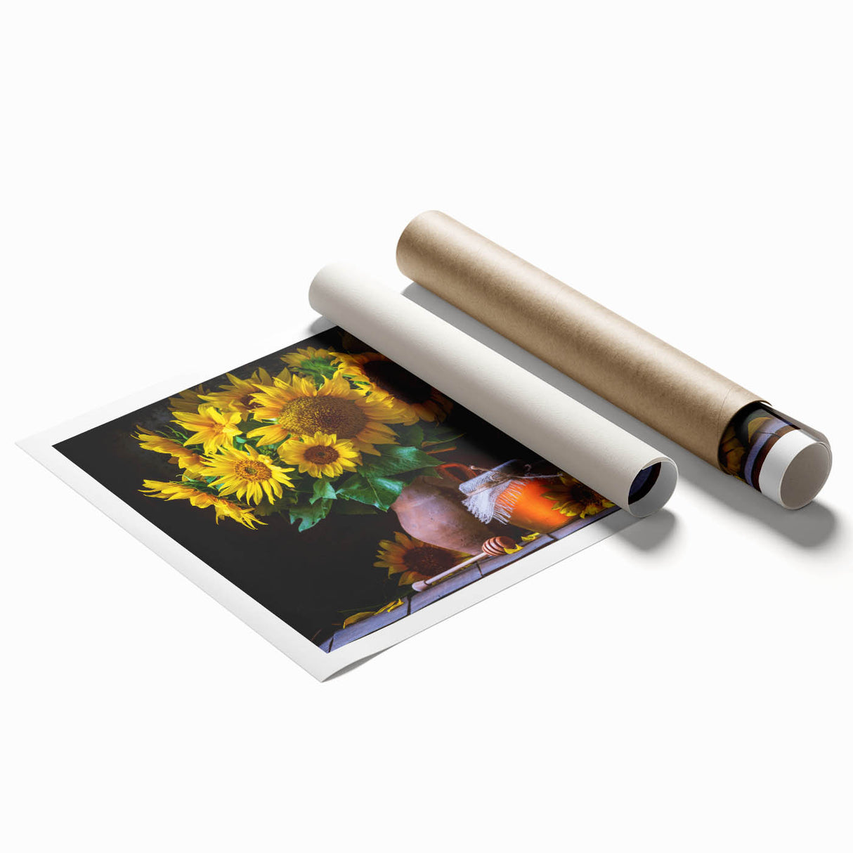 Vibrant botanical sunflower wall art print showcasing intricate details and warm yellow tones, rolled for easy display and shipping in a protective tube.