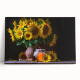 Vibrant botanical wall art featuring a detailed sunflower design on stretched canvas, leaning against a neutral wall, enhancing any home décor with its vivid colors and natural aesthetic.