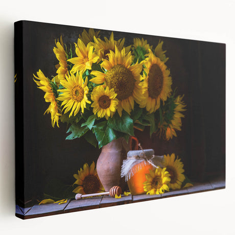 Stretched canvas wall art showcasing a vibrant sunflower botanical design, featuring rich yellow petals and green leaves, perfect for brightening home decor.