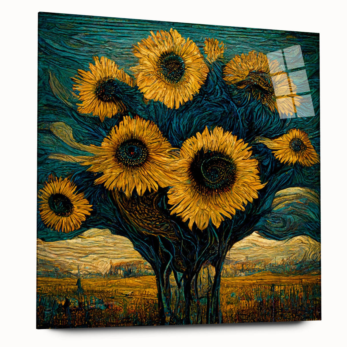 Side view of an acrylic glass wall art piece featuring a vibrant botanical sunflower design, showcasing intricate details and vivid colors, ideal for brightening home decor.