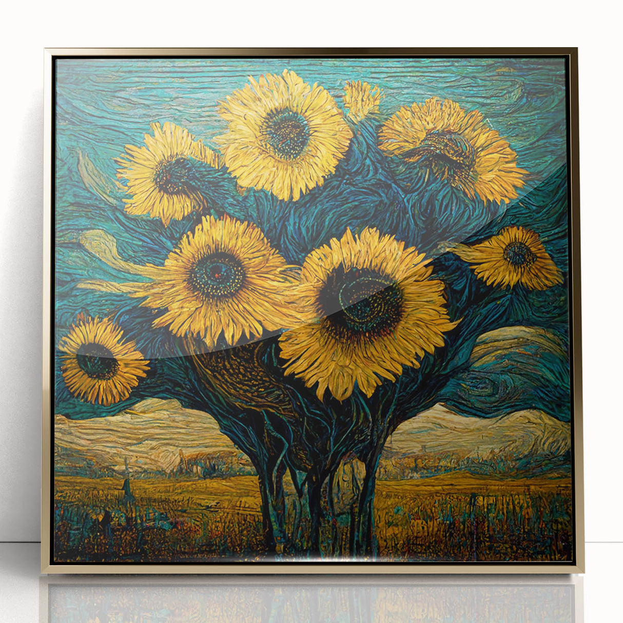 Framed wall art showcasing a botanical sunflower design with vibrant yellow petals and green leaves, set in an elegant gold frame, perfect for home décor.