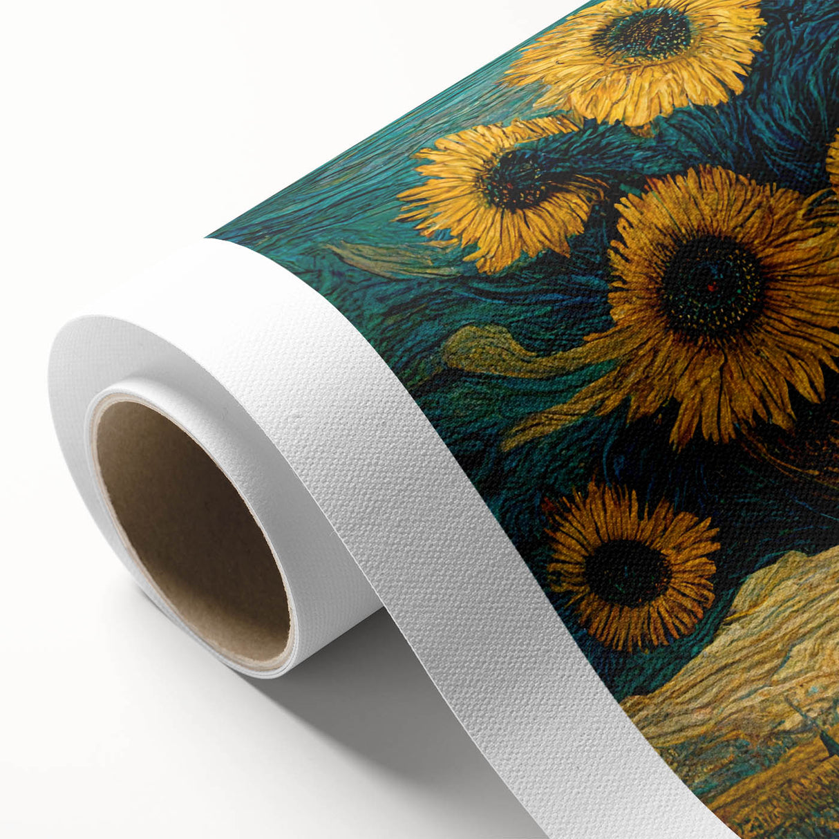 Brightly colored botanical sunflower wall art design on rolled canvas, showcasing intricate details and vibrant hues, perfect for home decor or gallery displays.