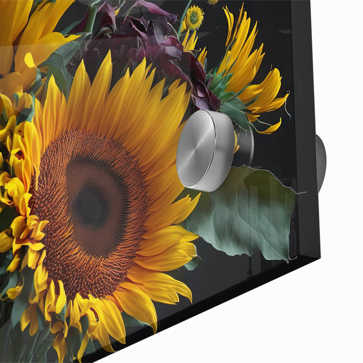 Close-up of a vibrant botanical sunflower wall art design featuring intricate details and bold yellow hues, perfect for brightening home decor in any room.
