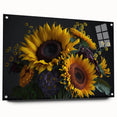 Acrylic glass wall art featuring a vibrant botanical sunflower design, showcasing bright yellow petals and green leaves, elegantly pinned for display in a modern decor setting.