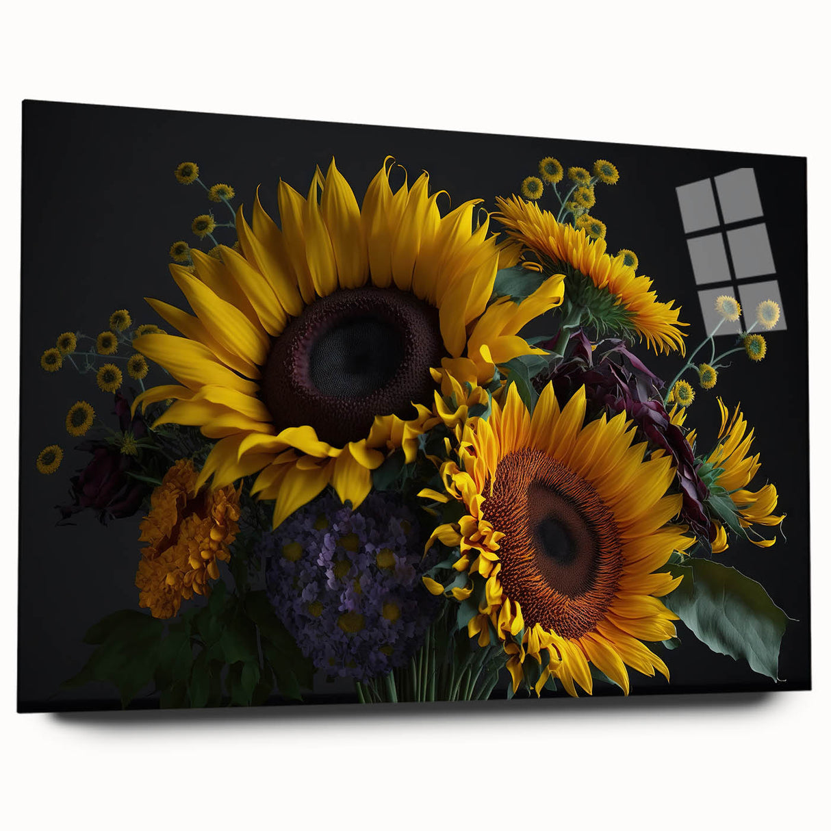 Botanical wall art showcasing a vibrant sunflower design in acrylic glass, viewed from the side, emphasizing the artwork's vivid colors and sleek finish. Perfect for enhancing home decor with a touch of nature.