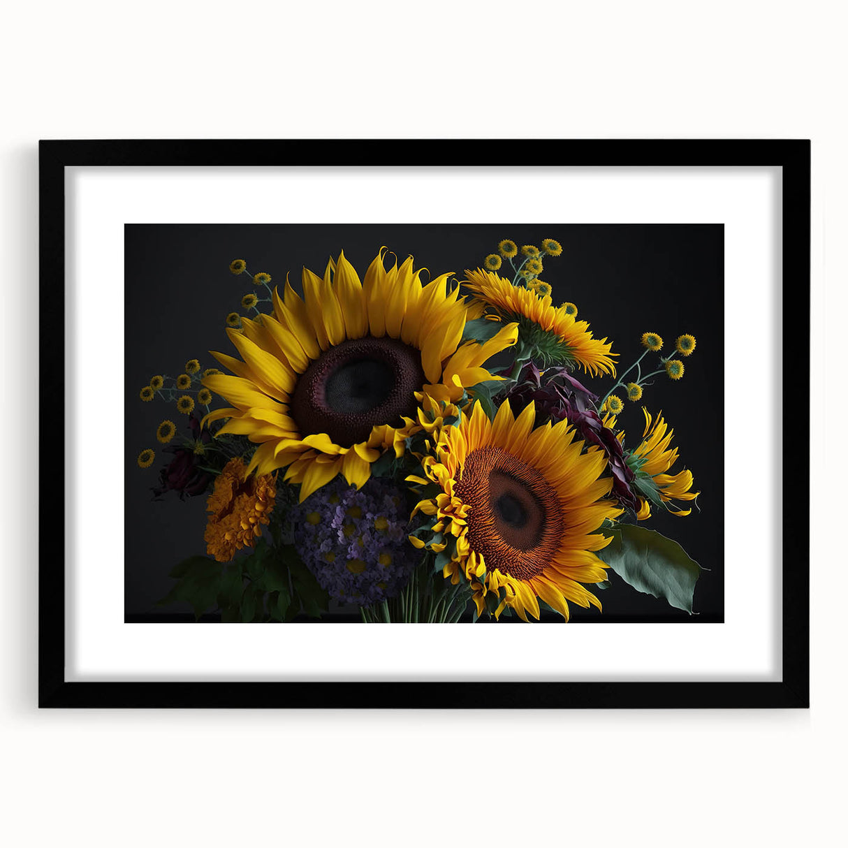 Black-framed wall art featuring a vibrant botanical sunflower design, showcasing intricate details and a classic mat finish, perfect for home decor.