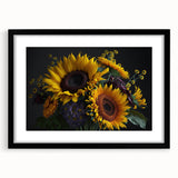 Black-framed wall art featuring a vibrant botanical sunflower design, showcasing intricate details and a classic mat finish, perfect for home decor.