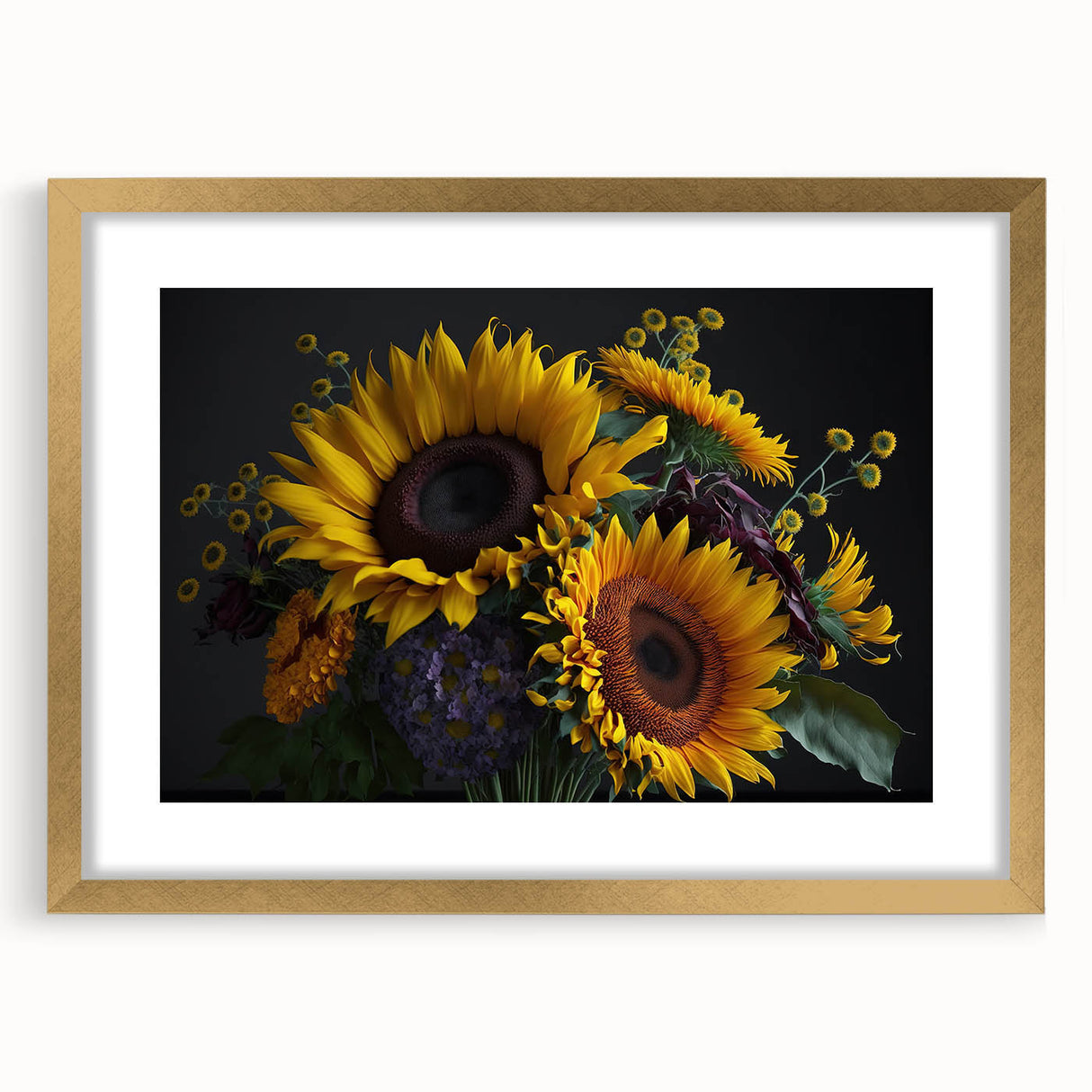 Botanical wall art featuring a vibrant sunflower design framed in gold with a mat, perfect for home decor. Ideal for brightening up living spaces or galleries.