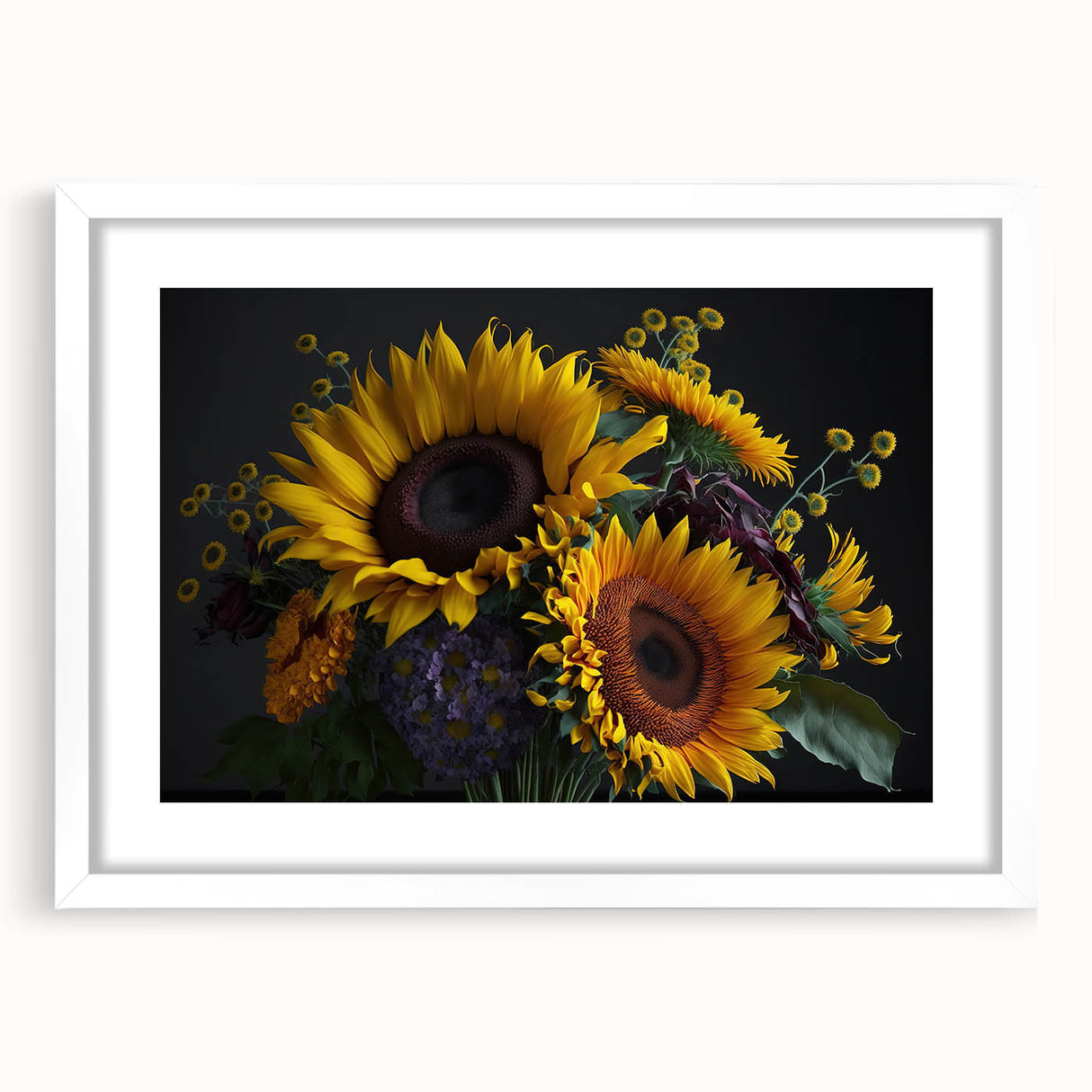 Botanical sunflower wall art in a white frame with matting, showcasing vibrant yellow petals and green accents, perfect for brightening home decor.