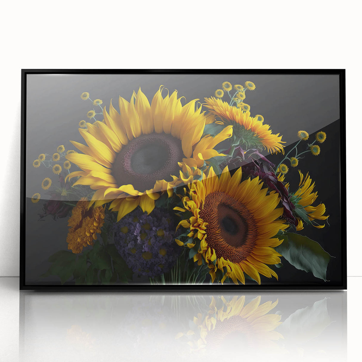Framed acrylic wall art showcasing a vibrant botanical sunflower design with a sleek black frame, perfect for adding a cheerful touch to home decor.
