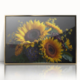 Framed wall art featuring a botanical design of sunflowers in vibrant yellow and green hues, elegantly set in a gold-accented frame, ideal for home decor.