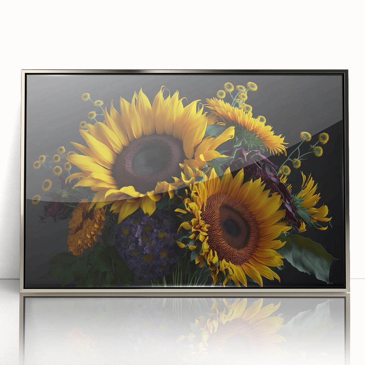 Framed wall art featuring a vibrant botanical sunflower design in a sleek silver frame, showcasing intricate details and bright colors, perfect for home decor.