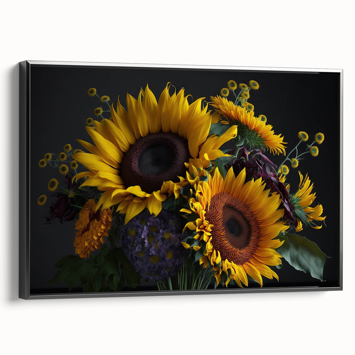 Framed wall art featuring a vibrant botanical sunflower design, showcasing rich yellow petals and green leaves, set against a sleek black frame, perfect for home decor.