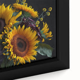 Close-up of a vibrant sunflower botanical design in a framed canvas, showcasing intricate details and rich colors, perfect for home decor and art enthusiasts.