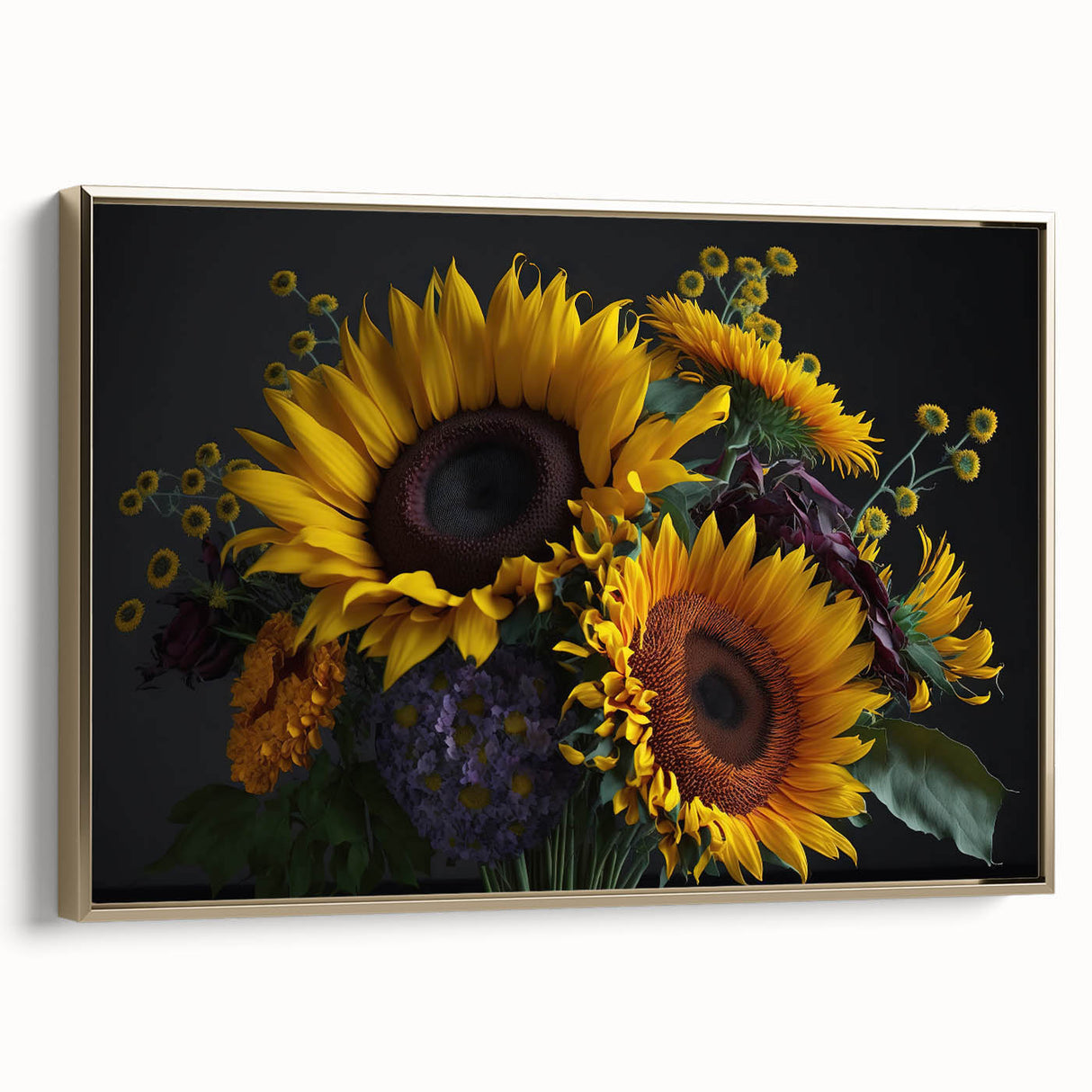 Framed botanical wall art featuring a vibrant sunflower design on canvas, showcasing a gold frame and side view details, perfect for home decor enhancement.