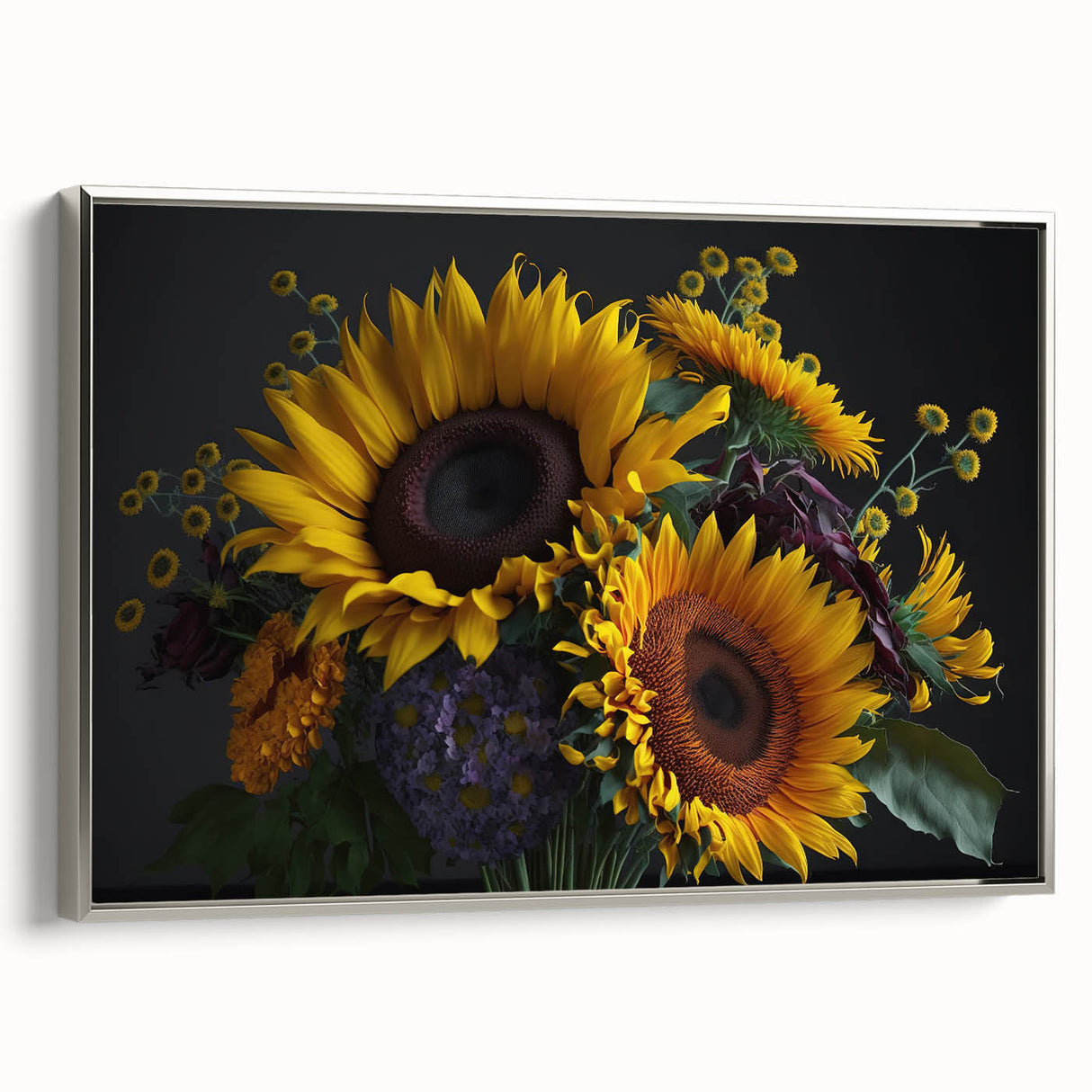 Framed botanical wall art featuring a vibrant sunflower design, elegantly displayed in a silver frame, showcasing intricate details and textures. Ideal for home décor.