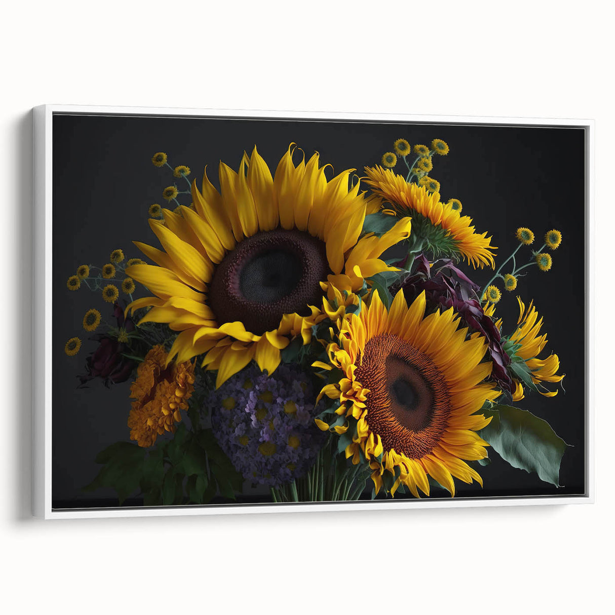 Framed canvas wall art showcasing a vibrant botanical sunflower design, featuring rich yellow and green hues, perfect for brightening up any interior space.