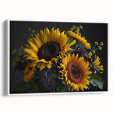 Framed canvas wall art showcasing a vibrant botanical sunflower design, featuring rich yellow and green hues, perfect for brightening up any interior space.