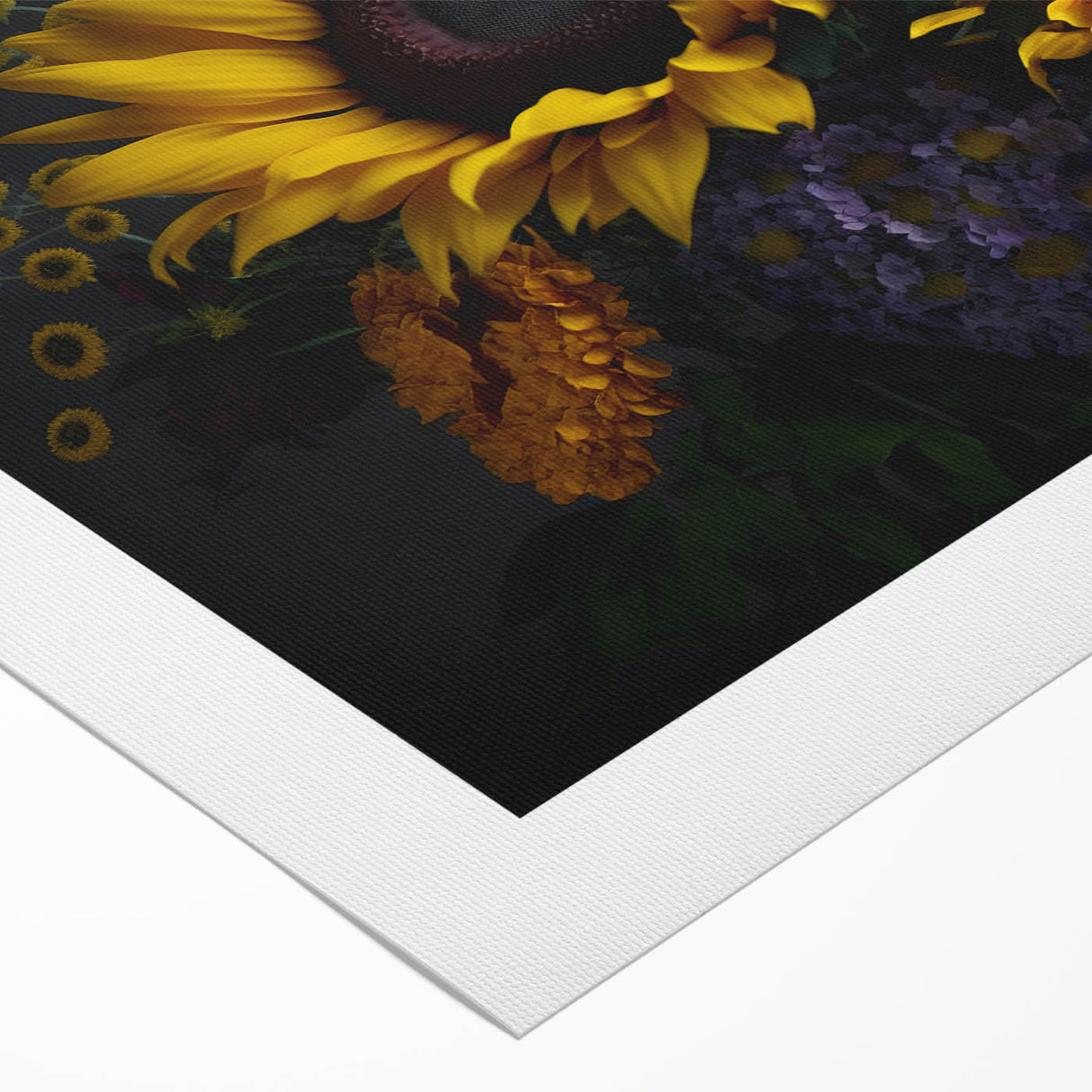 Vibrant rolled canvas art featuring a botanical sunflower design, showcasing rich yellow petals and green leaves, ideal for brightening home decor.