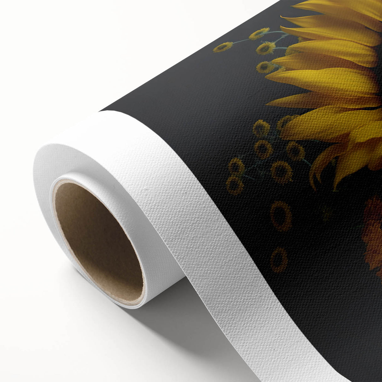 Vibrant rolled canvas print showcasing a botanical sunflower design, featuring bright yellow petals and detailed green leaves, ideal for home decor.