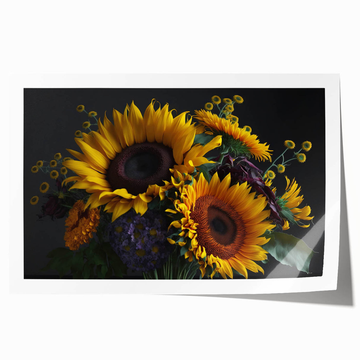 Vibrant sunflower wall art print showcasing intricate botanical details, featuring bright yellow petals and a textured finish, ideal for home decor enhancement.