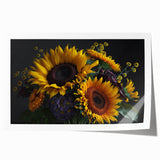 Vibrant sunflower wall art print showcasing intricate botanical details, featuring bright yellow petals and a textured finish, ideal for home decor enhancement.
