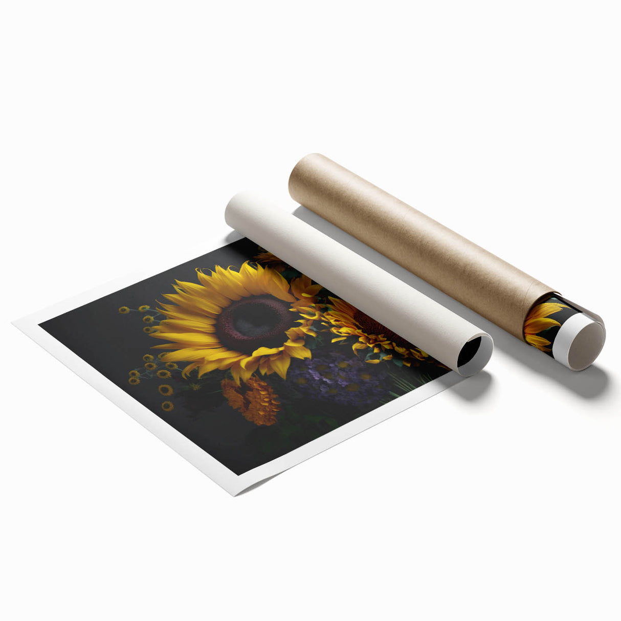Vibrant botanical wall art print showcasing a detailed sunflower design, rolled and ready for display, perfect for home decor enthusiasts and nature lovers.