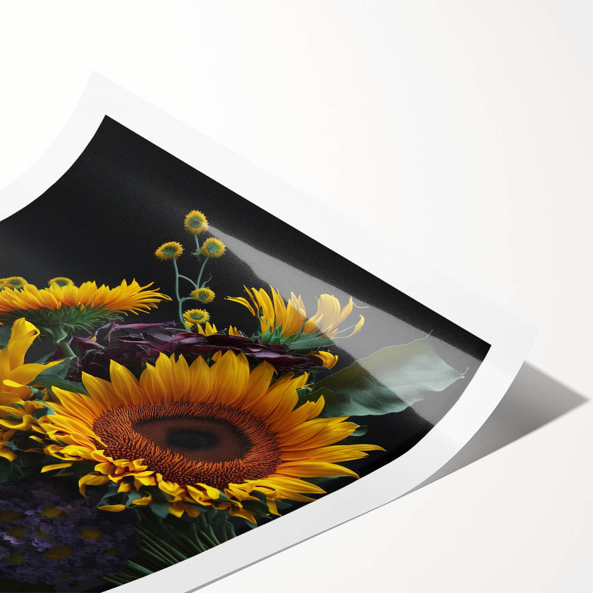 Botanical sunflower wall art print on rolled canvas, showcasing vibrant yellow petals and intricate details, ideal for home decor or gifting.
