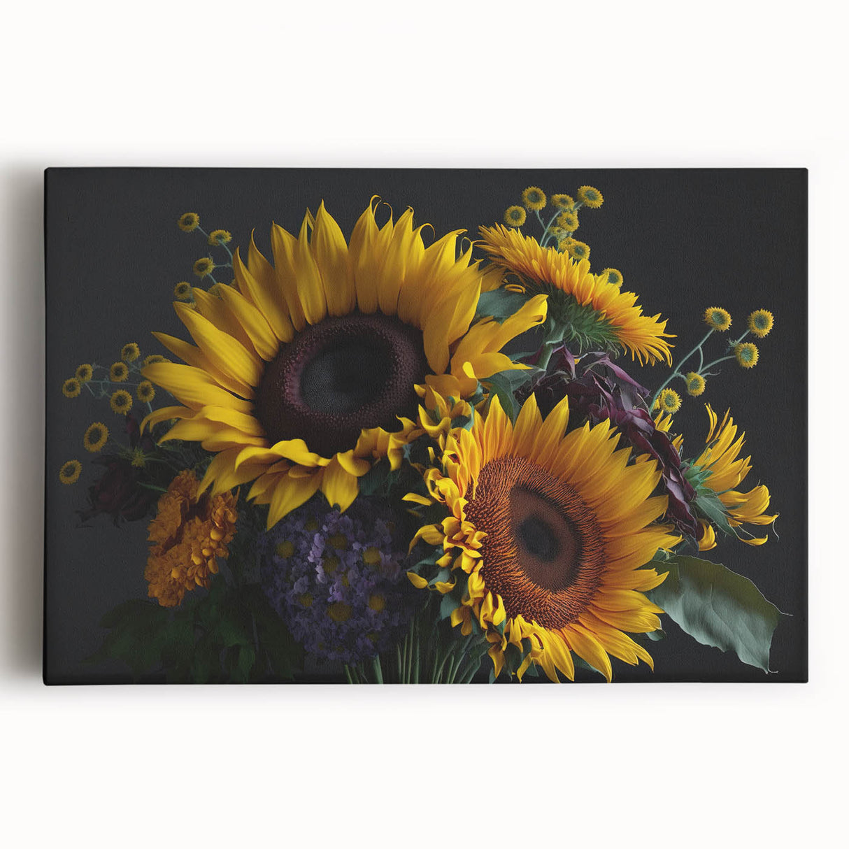 Stretched canvas wall art featuring a vibrant sunflower botanical design, showcasing rich yellow petals and intricate details, perfect for brightening home decor.