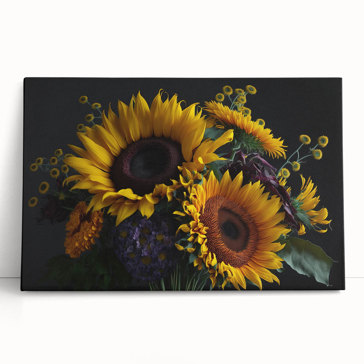 Stretched canvas wall art featuring a vibrant sunflower design, showcasing detailed petals in bright yellow and green hues, perfect for home decor and nature lovers.