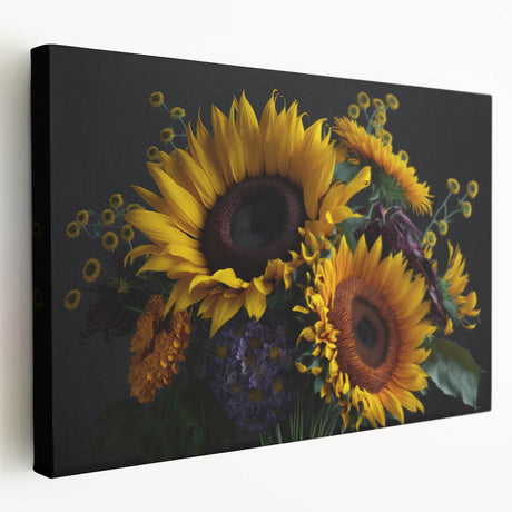 Stretched canvas wall art showcasing a vibrant botanical sunflower design, emphasizing bright yellow petals and green leaves, perfect for home decor enhancement.