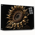 Acrylic glass wall art showcasing a vibrant sunflower design, elegantly displayed from the side with decorative pins, ideal for home decor enthusiasts seeking botanical inspiration. Perfect for adding a cheerful touch to any space.