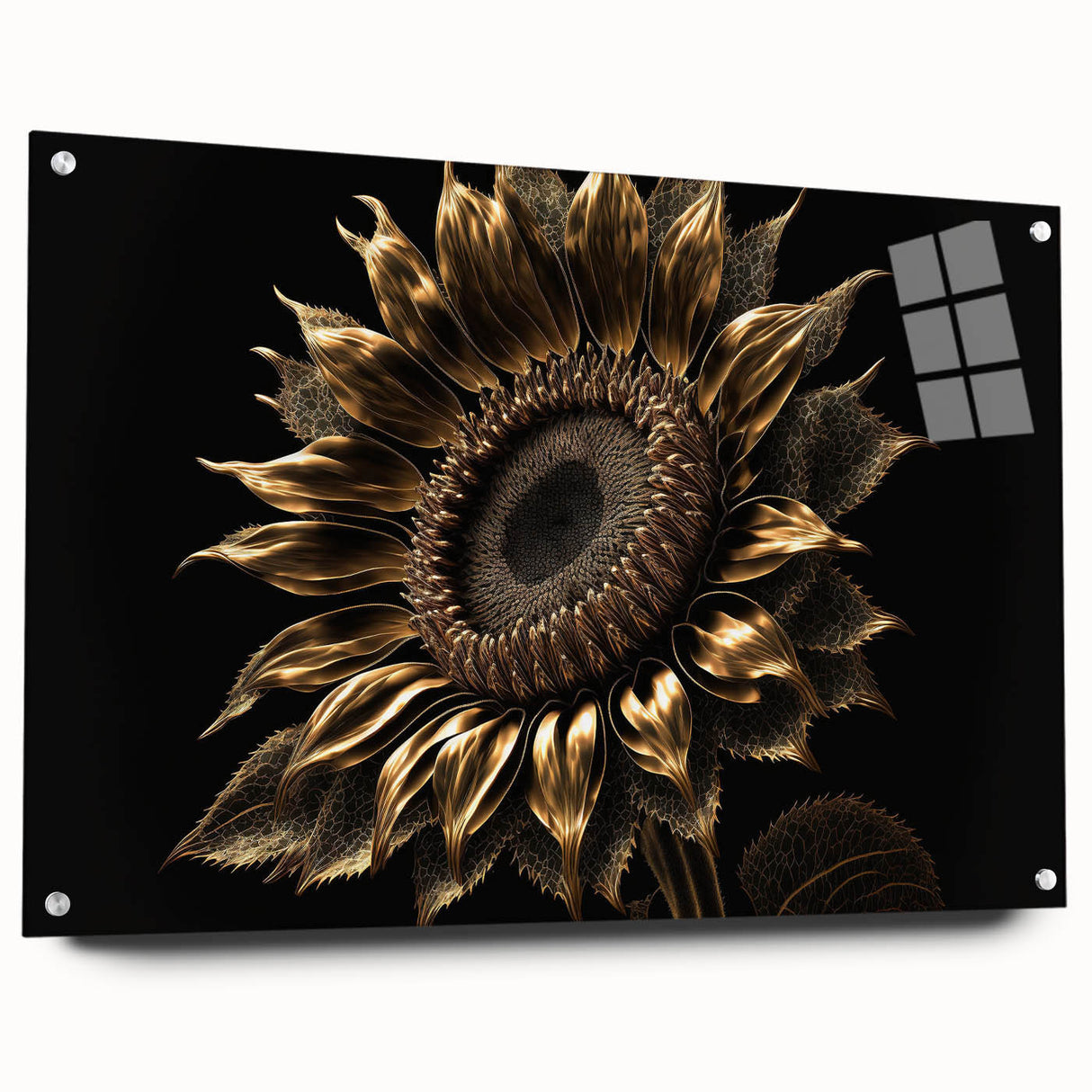 Acrylic glass wall art showcasing a vibrant sunflower design, elegantly displayed from the side with decorative pins, ideal for home decor enthusiasts seeking botanical inspiration. Perfect for adding a cheerful touch to any space.