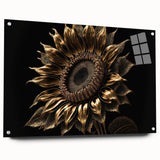 Acrylic glass wall art showcasing a vibrant sunflower design, elegantly displayed from the side with decorative pins, ideal for home decor enthusiasts seeking botanical inspiration. Perfect for adding a cheerful touch to any space.