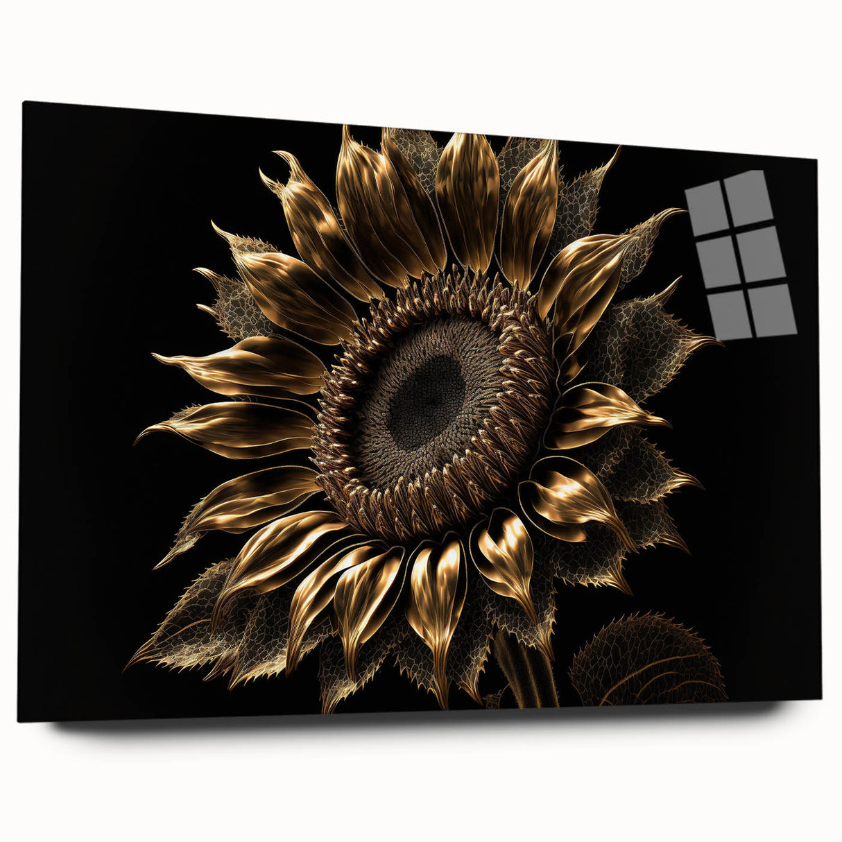 Acrylic wall art displaying a vibrant sunflower design, showcasing intricate details and bold colors. The piece is elegantly presented from a side view, enhancing its visual appeal. Perfect for botanical-themed decor, this artwork adds a cheerful touch to any space.