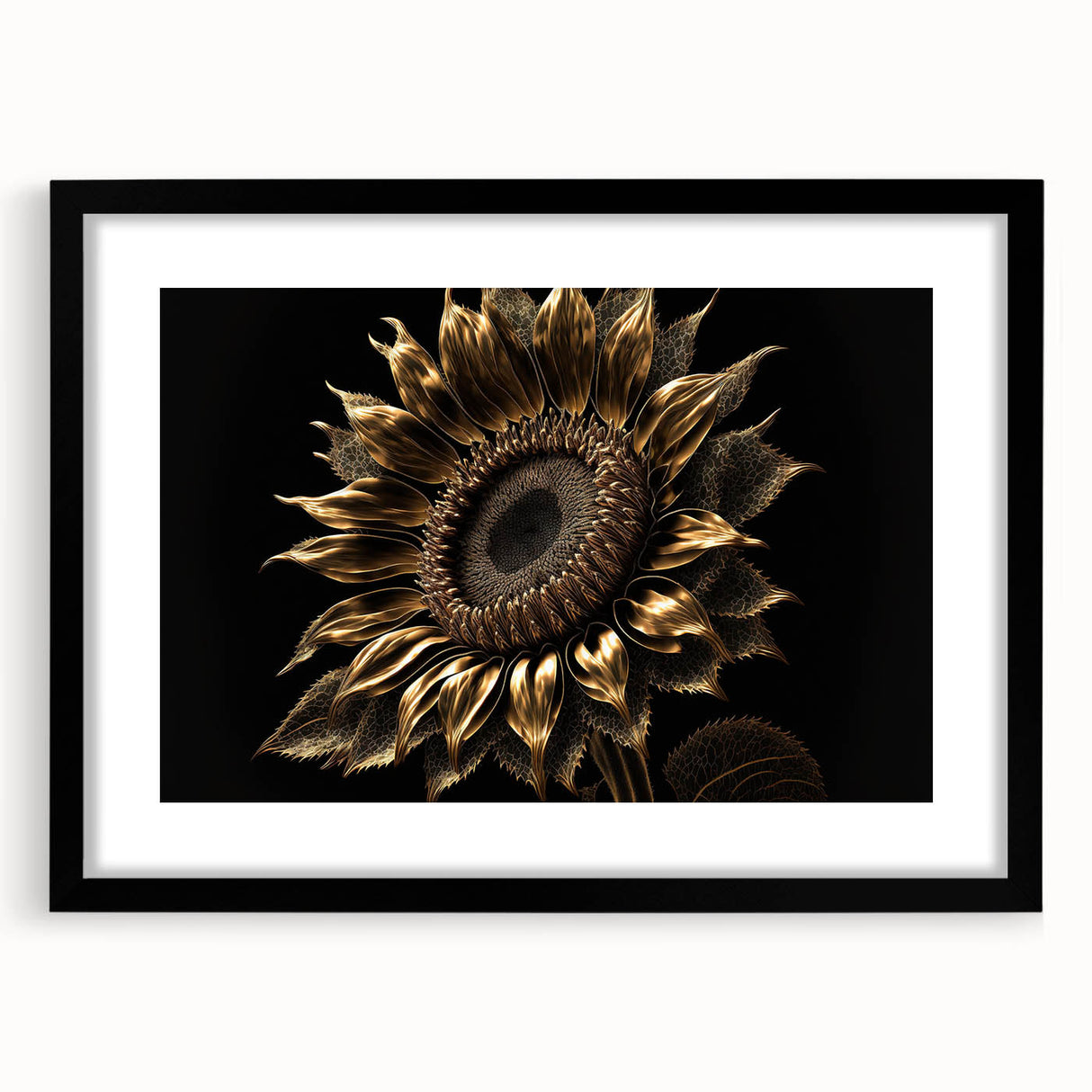 Black-framed wall art featuring a vibrant botanical sunflower design with intricate details and a white mat, perfect for home decor and enhancing interior spaces.