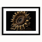 Black-framed wall art featuring a vibrant botanical sunflower design with intricate details and a white mat, perfect for home decor and enhancing interior spaces.