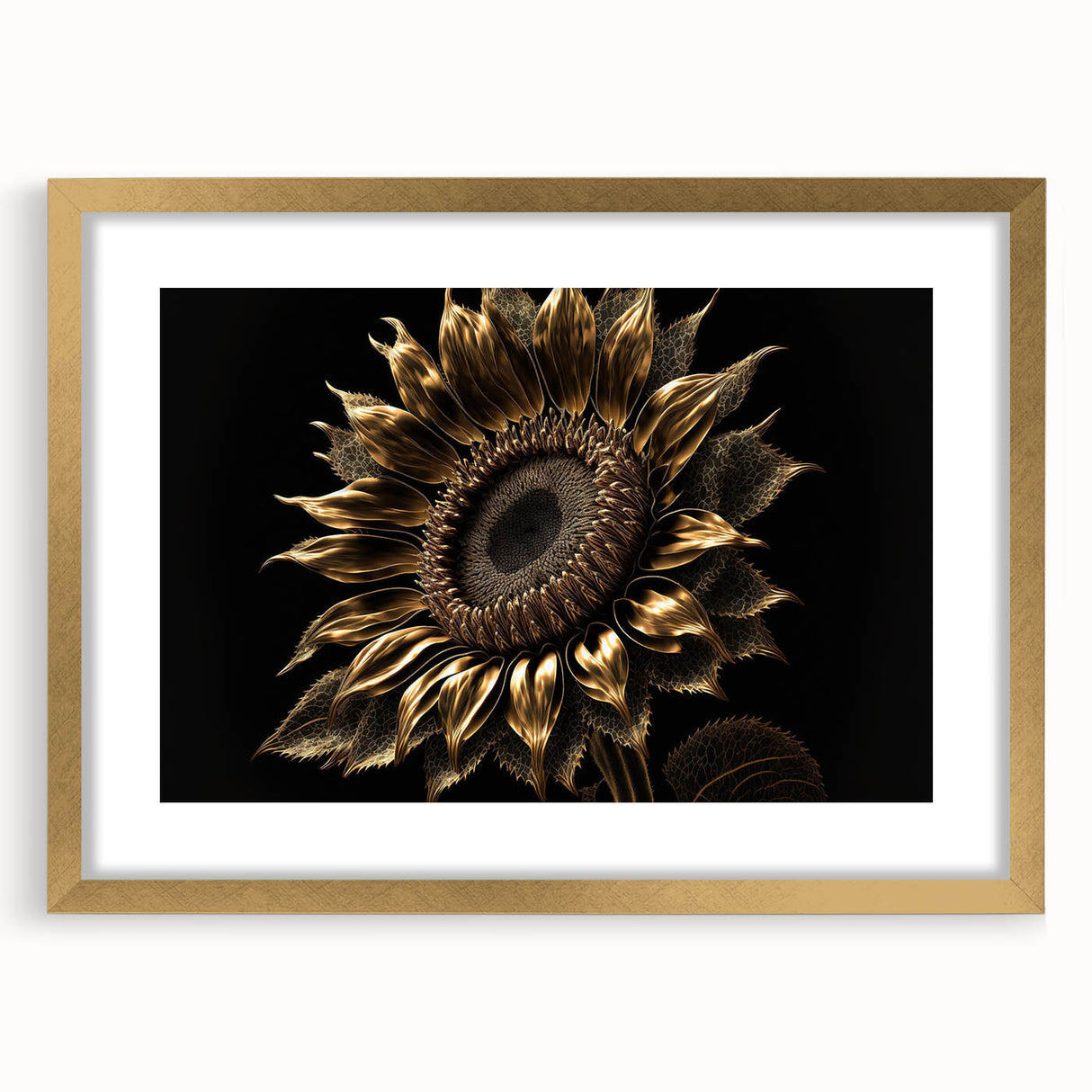 Botanical wall art featuring a vibrant sunflower design in a gold frame with a mat, perfect for adding a touch of elegance to home decor, showcasing intricate details and bright colors.