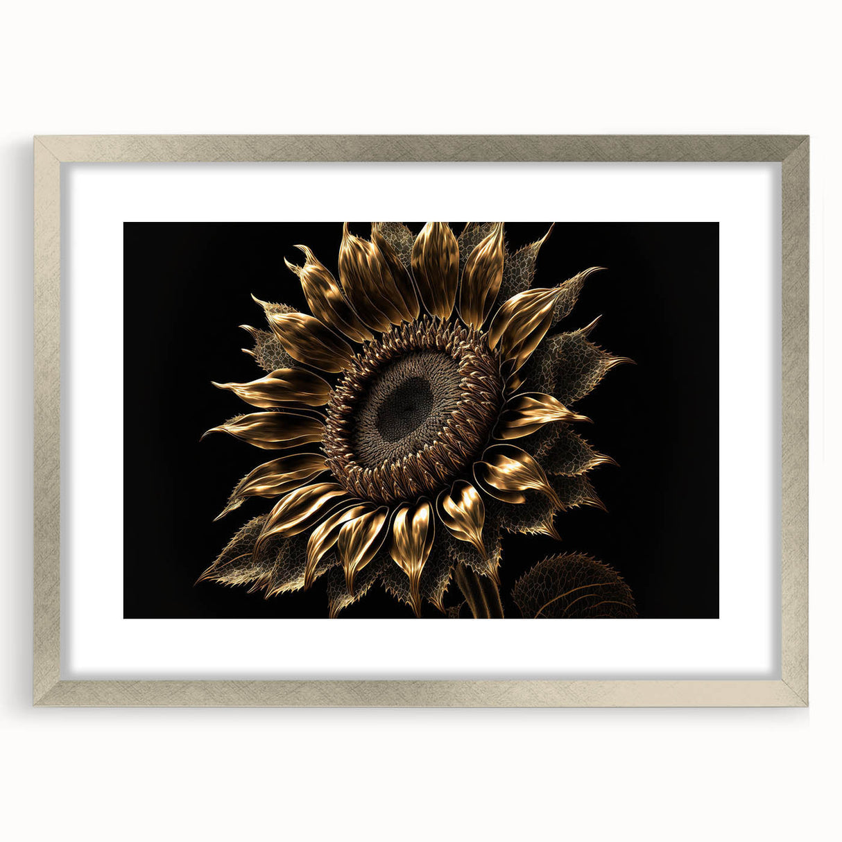 Botanical sunflower wall art framed in silver, featuring vibrant yellow petals and intricate details, perfect for brightening home decor with a nature-inspired touch.