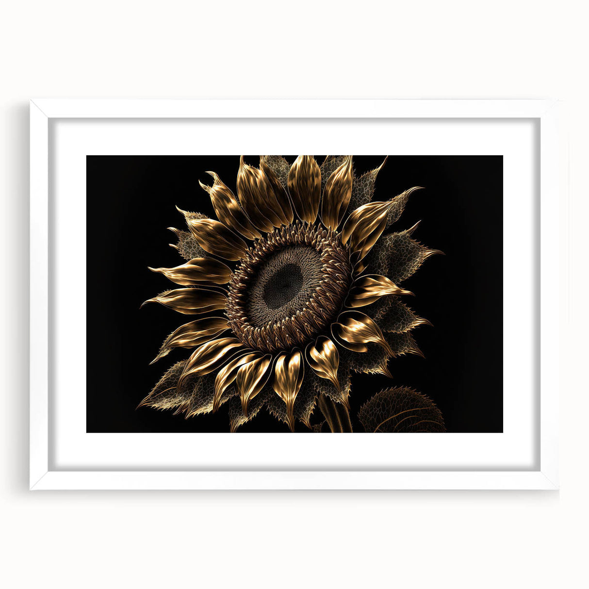 Botanical wall art featuring a vibrant sunflower design in a sleek white frame with a mat, perfect for adding a touch of nature to home decor. This elegant piece is ideal for brightening up living spaces and showcases high-quality craftsmanship.