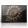 Framed wall art showcasing a stunning botanical sunflower design with vibrant yellow petals and green leaves, set in a sleek black frame, perfect for home decor.