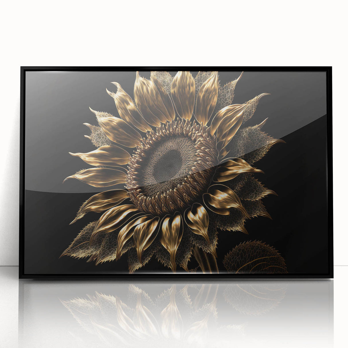 Framed wall art showcasing a stunning botanical sunflower design with vibrant yellow petals and green leaves, set in a sleek black frame, perfect for home decor.