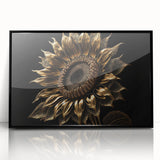 Framed wall art showcasing a stunning botanical sunflower design with vibrant yellow petals and green leaves, set in a sleek black frame, perfect for home decor.