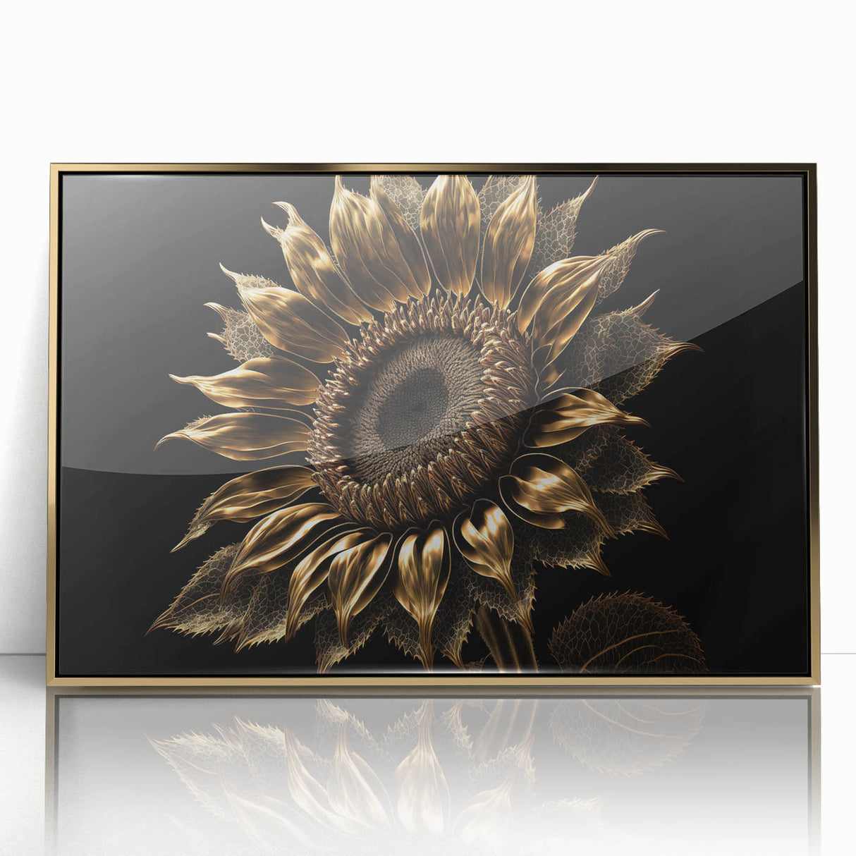 Framed wall art featuring a vibrant botanical sunflower design with a gold-acrylic finish, perfect for brightening home decor and adding a touch of nature.